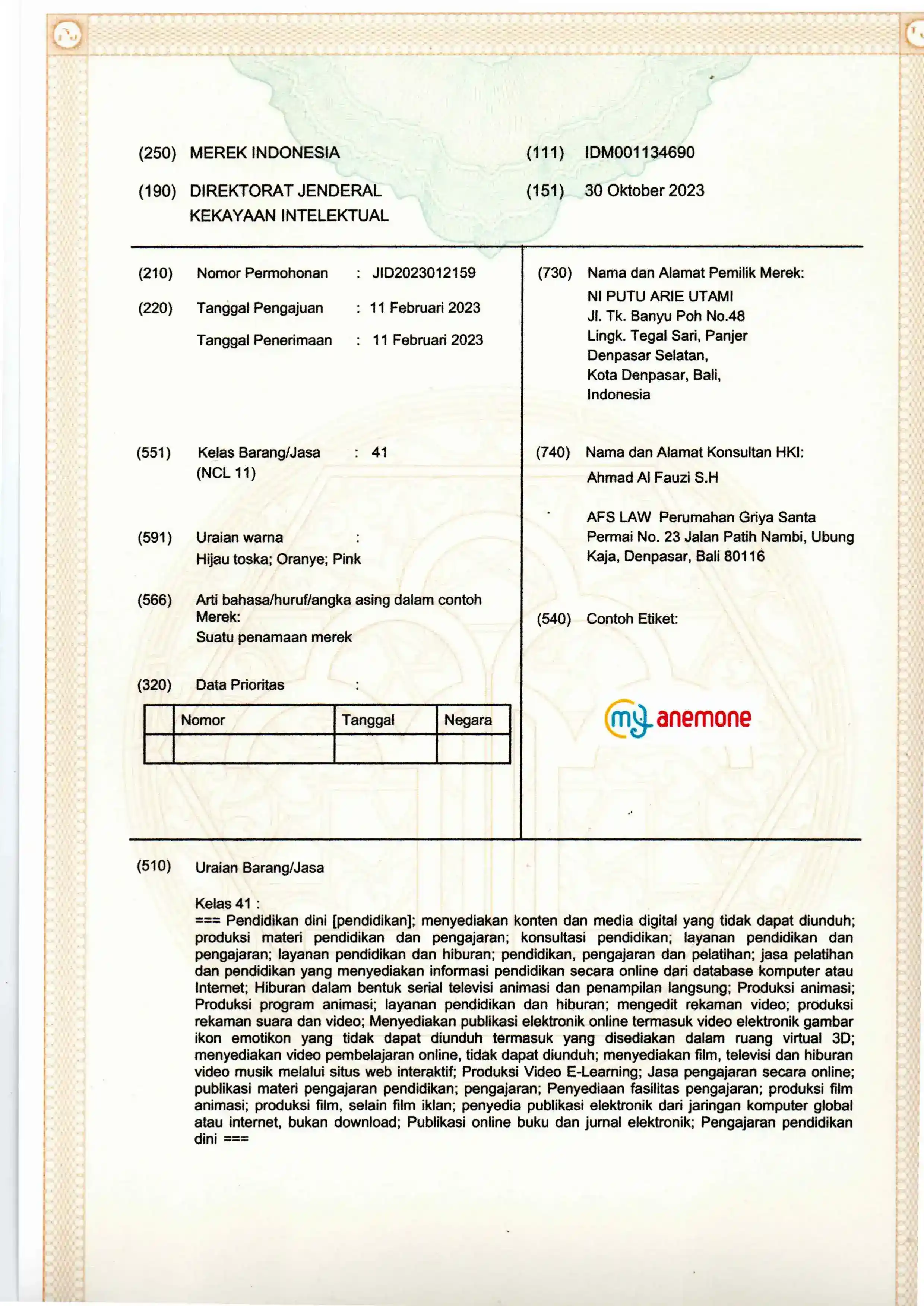 Sertifikat Hak Merek Anemone