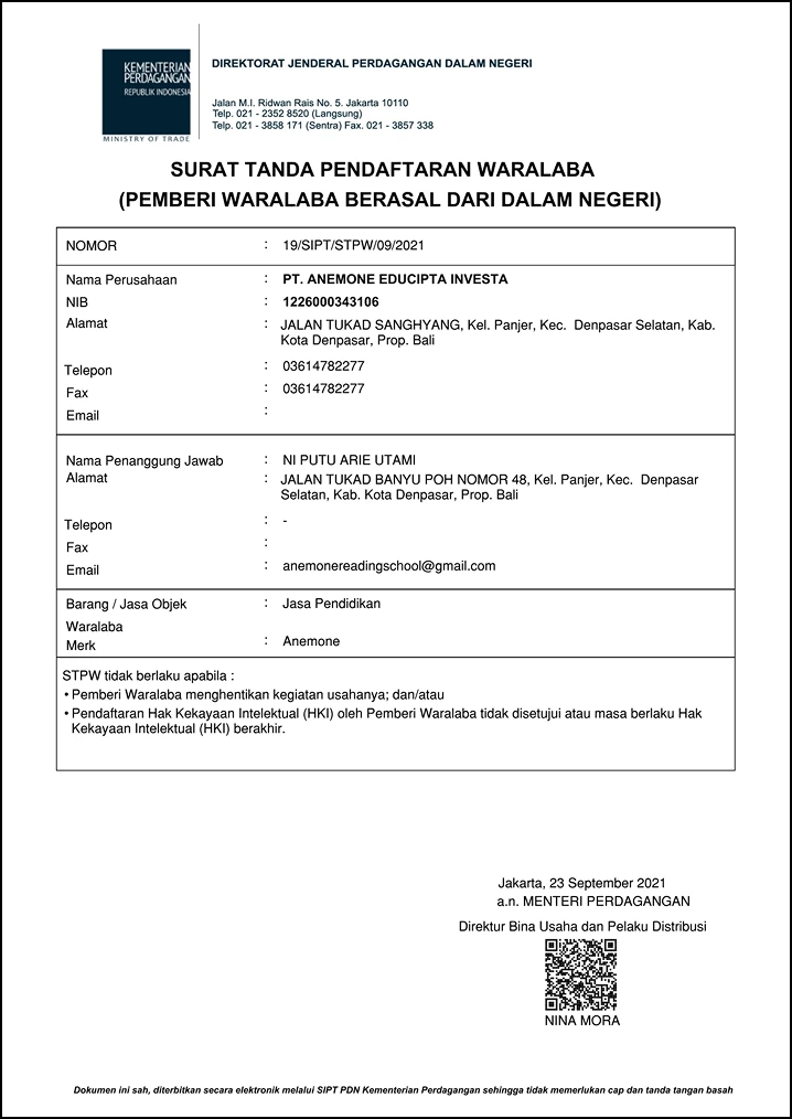 Surat Tanda Pendaftaran Waralaba Anemone